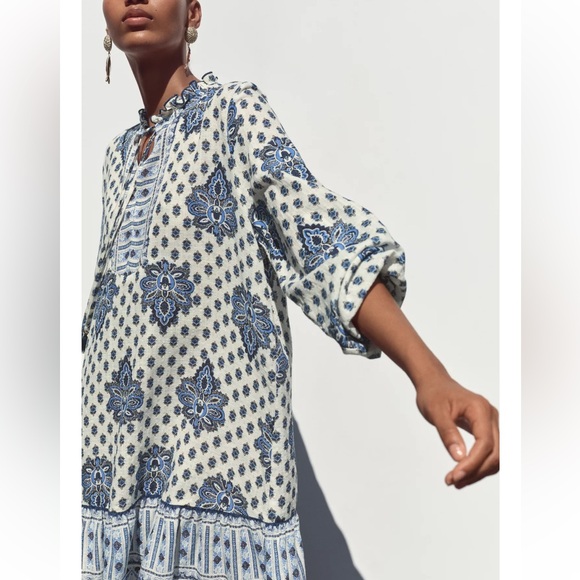 Zara Blue and White Long Sleeve Dress Size Medium - Picture 4 of 12